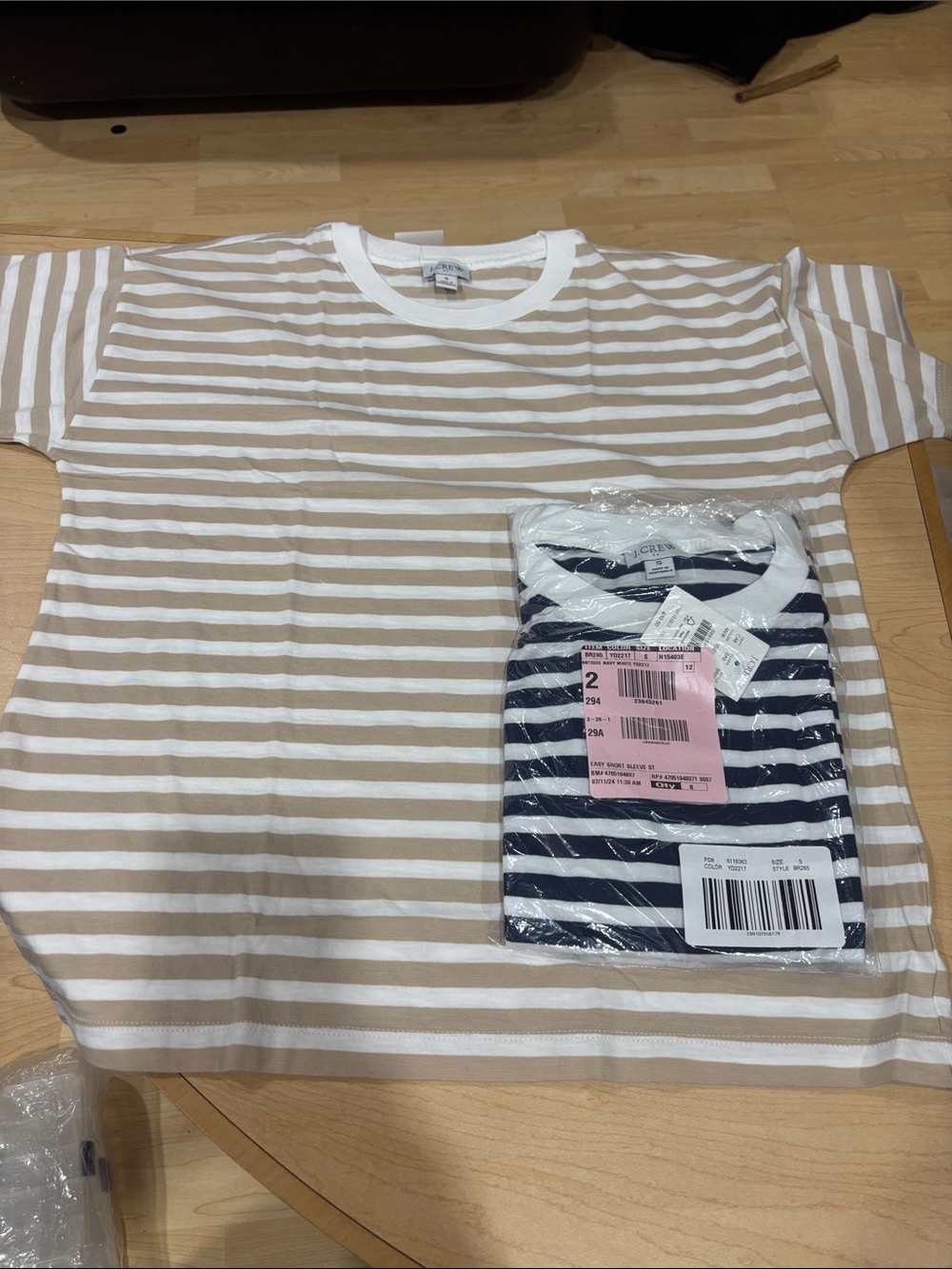J. Crew Beige and White Striped Short Sleeve Tee and blue stripped